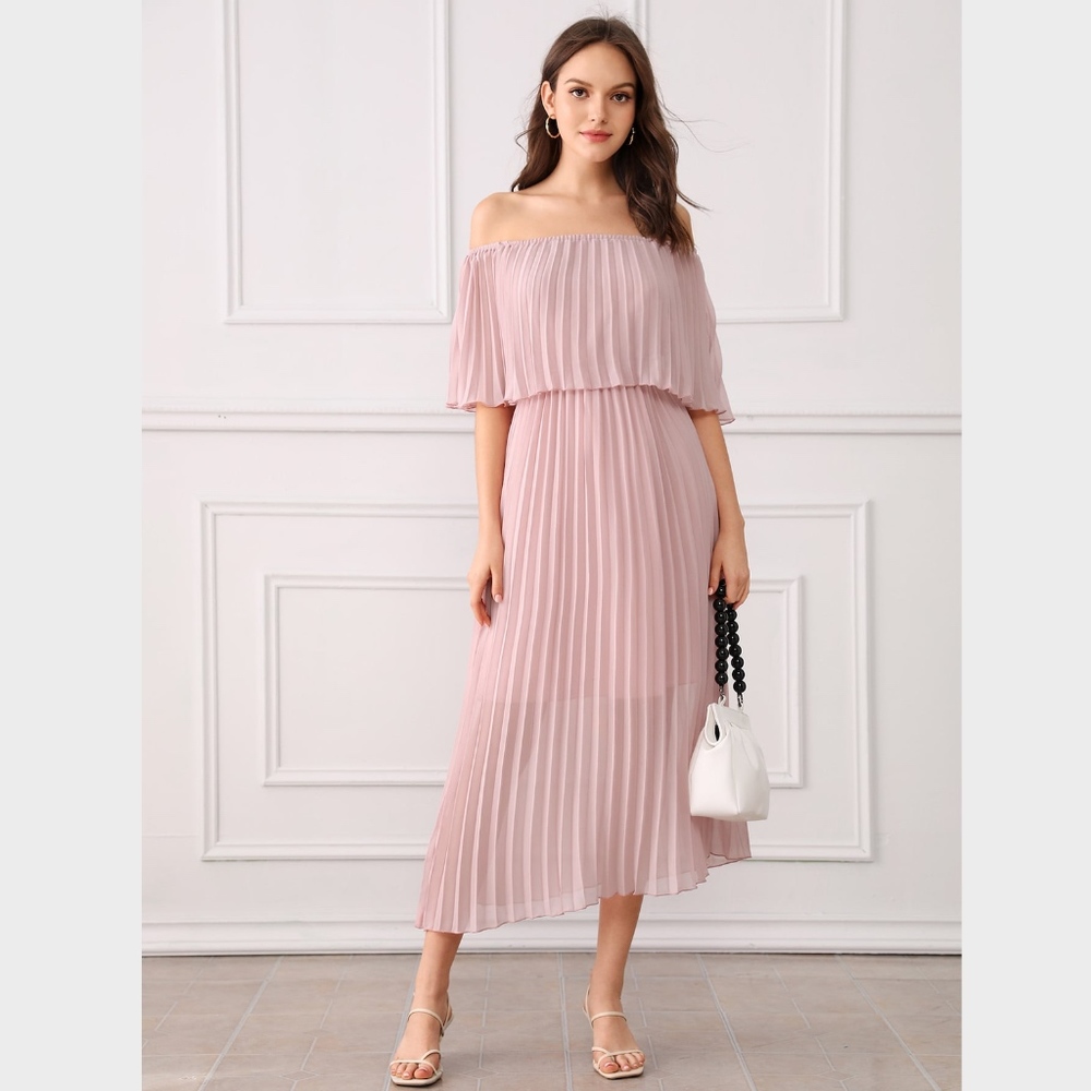 Off Shoulder Pleated Pastel Pink Dress - Picture 2 of 7